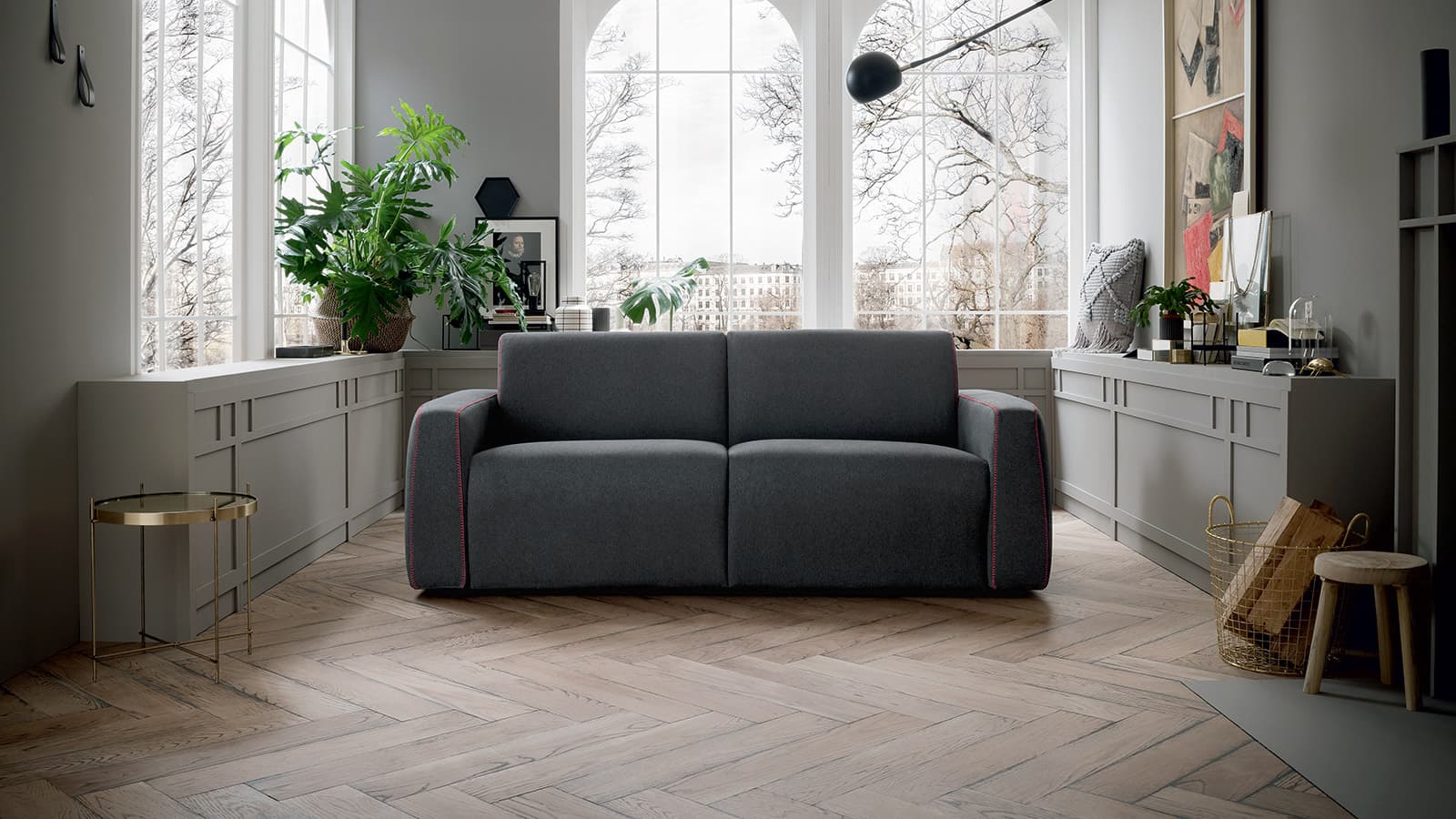Диван раскладной GORDON, 204x83x106, бордовая отстрочка/коричневая основа, FE-VEN 005884