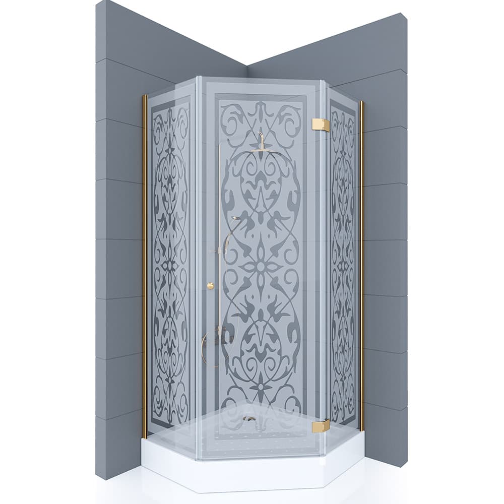 Душевое ограждение STAR, 90x90x190, профиль золото, стекло с декором, ST-STAR0909-ND2GL